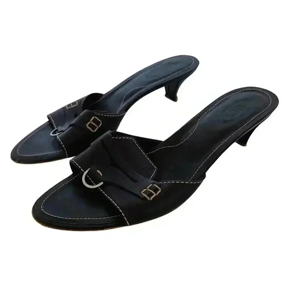 Tod's y2k Vintage Dark Brown Leather Kitten Heels Silver Ring Women's Size 7.5 - Picture 2 of 12